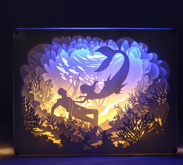 Malá mořská víla 3D vyřezávání z papíru Světlo Teplá noční LED světelná lampa LED Stolní světelná lampa Mořská víla Dekorace Dárky Děti Dárky Dárky k narozeninám Vánoční dárky
