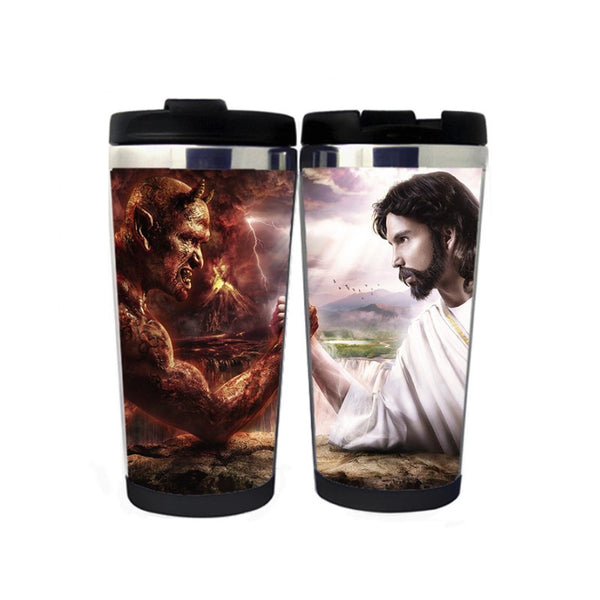 Jesus and The Devil Travel Mug Stainless Steel Insulated Tumbler 400ml Coffee Tea Cup Gifts Christmas Gifts