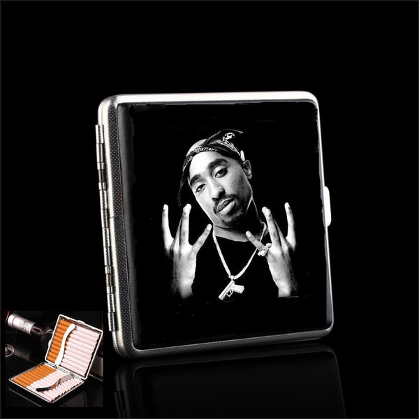 Tupac PU Leather Pocket Cigarette Case Metal Tobacco Case Box Holder For Smoking Business Cards Holder Storage
