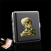 Skull  PU Leather  Cigarette Case Metal Tobacco  Box Holder For Smoking  Business Card Holder Wallet Gifts