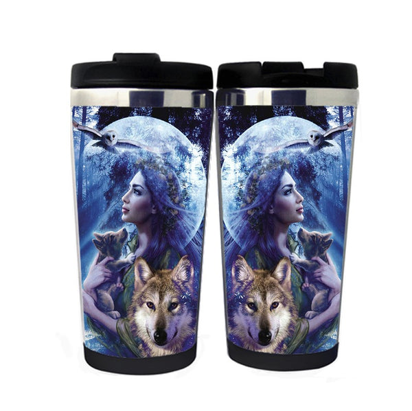 Woman and Wolf in The Forest Travel Mug Stainless Steel Insulated Tumbler 400ml Coffee Tea Cup wolf Funny novelty Gifts Christmas Gifts